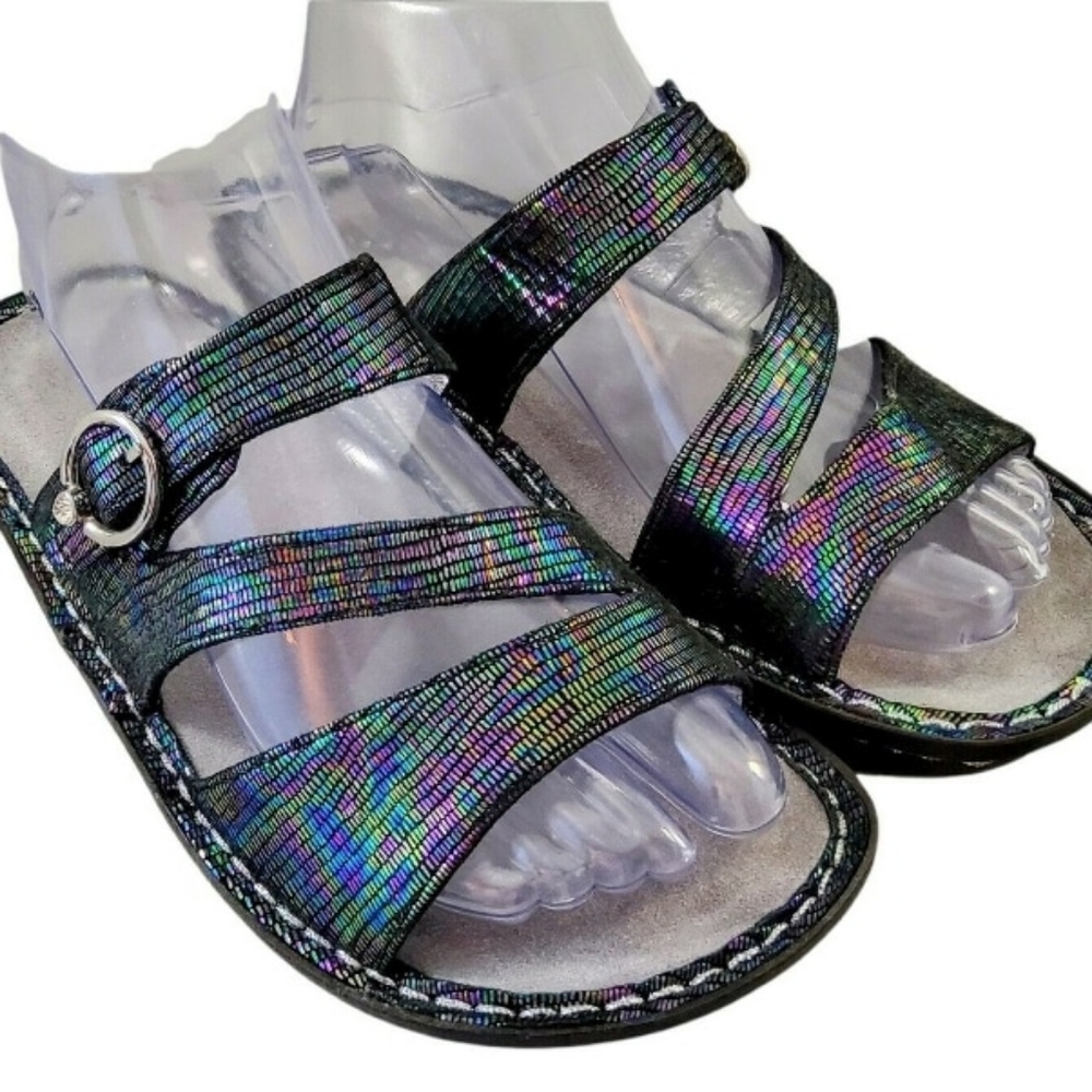 ALEGRIA LUMINOUS PURPLE/GREEN LEATHER STRAPS SANDALS, SIZE 37 (6.5), NWOT